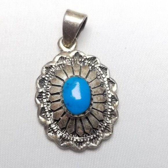 Vintage JC Signed Sterling Silver Turquoise Oval Shape Pendant, Estate - Picture 7 of 7